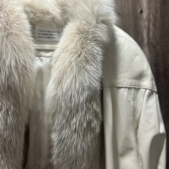 Y2K Leather Cream lamb Fur-Trimmed Women's Coat findland died real fur large - Picture 4 of 6